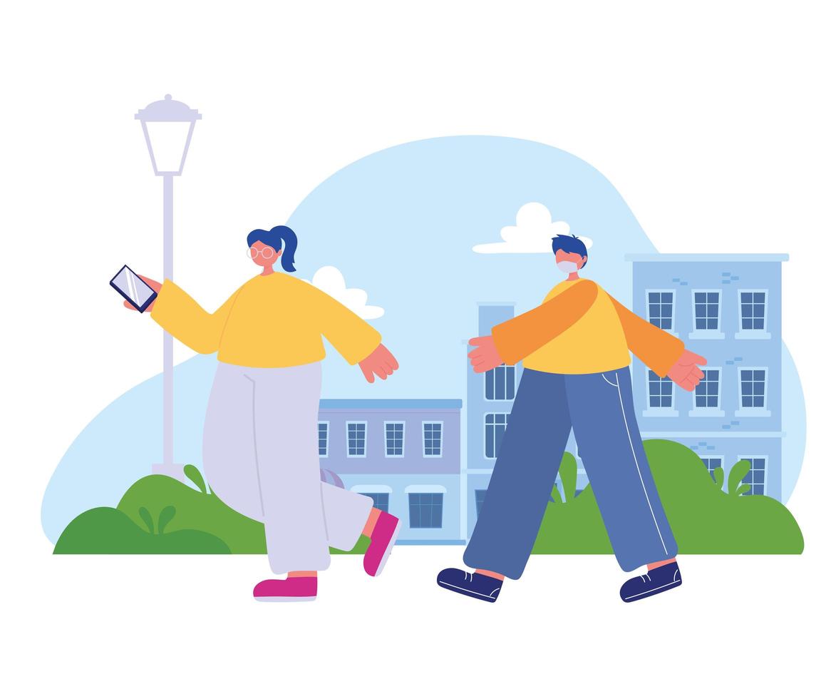 girl with smartphone and boy with medical mask walking in street vector