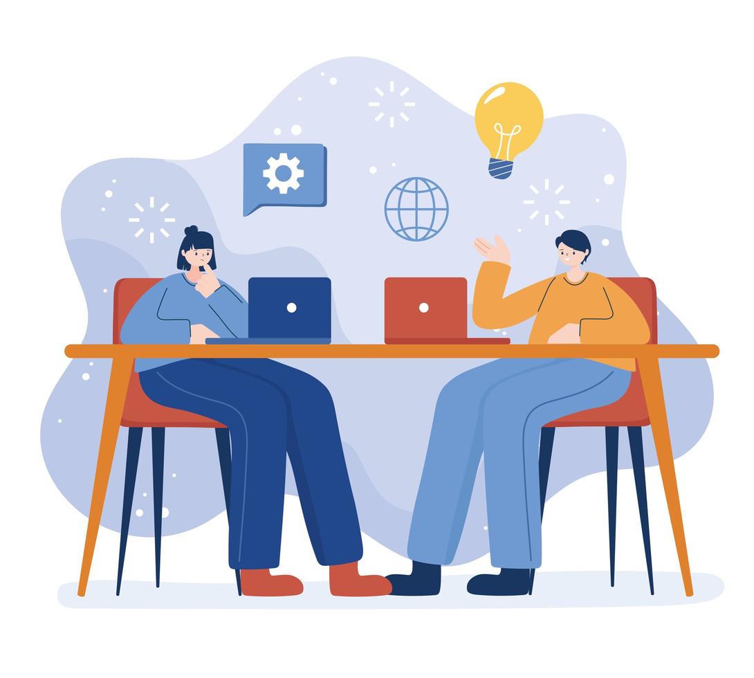 Woman and man with laptop on desk vector design