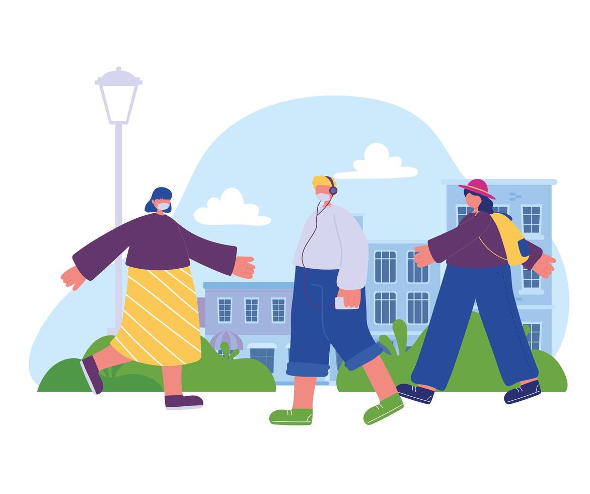 people with medical mask walking in the street city scene vector