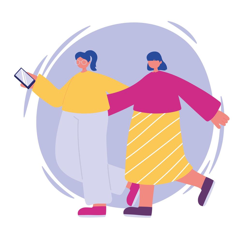 two young woman hugging with smartphone walking vector