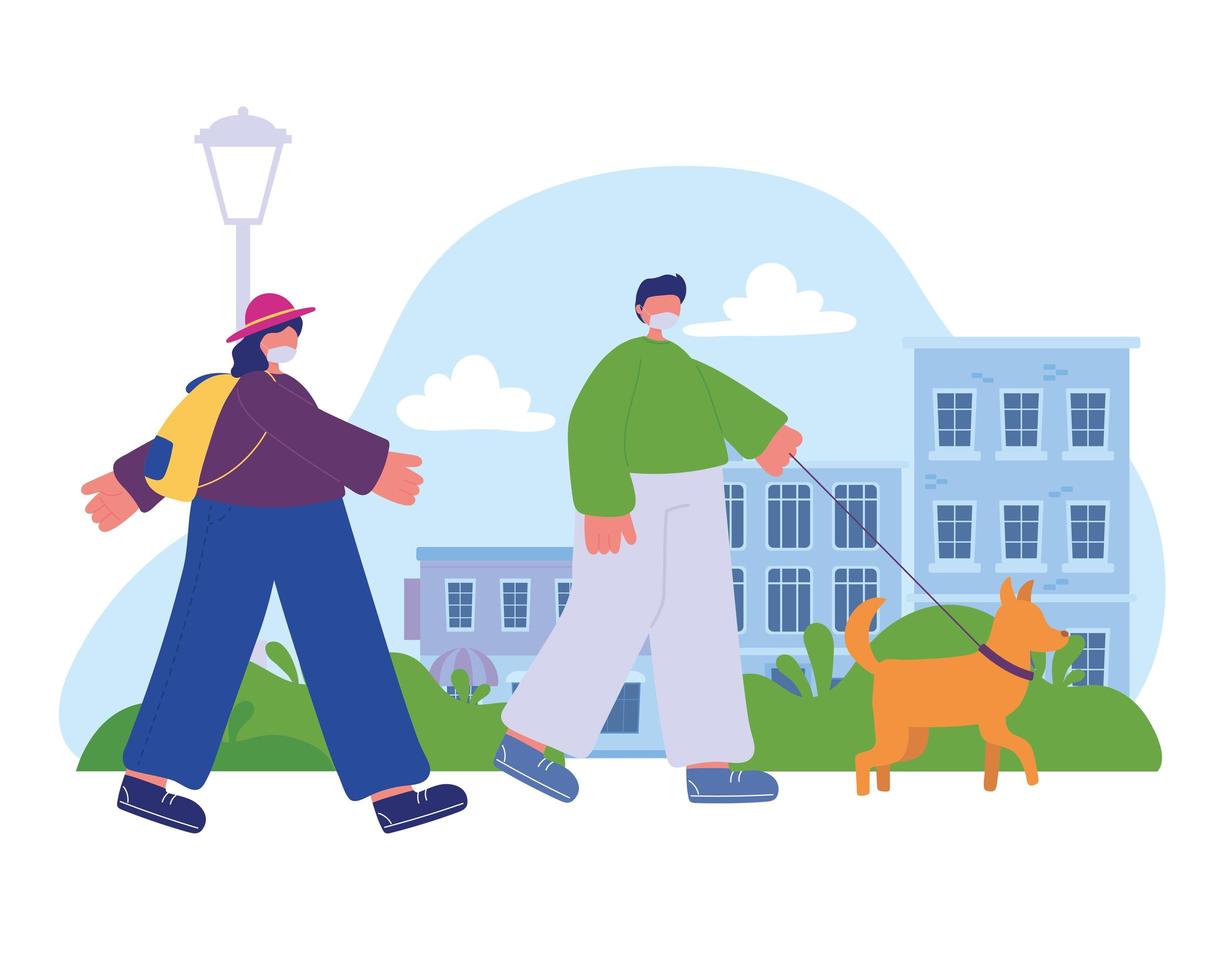 boy with dog and girl with backpack walking in the street vector