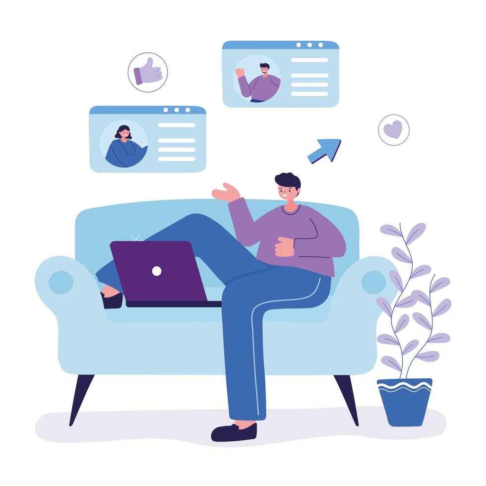 young man character with laptop chatting sitting on sofa vector