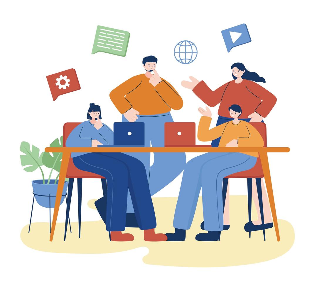 Women and men with laptop on desk vector design