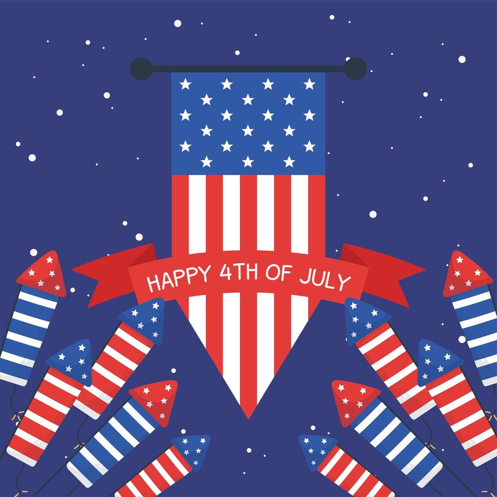 Independence day fireworks with banner flag and ribbon vector design