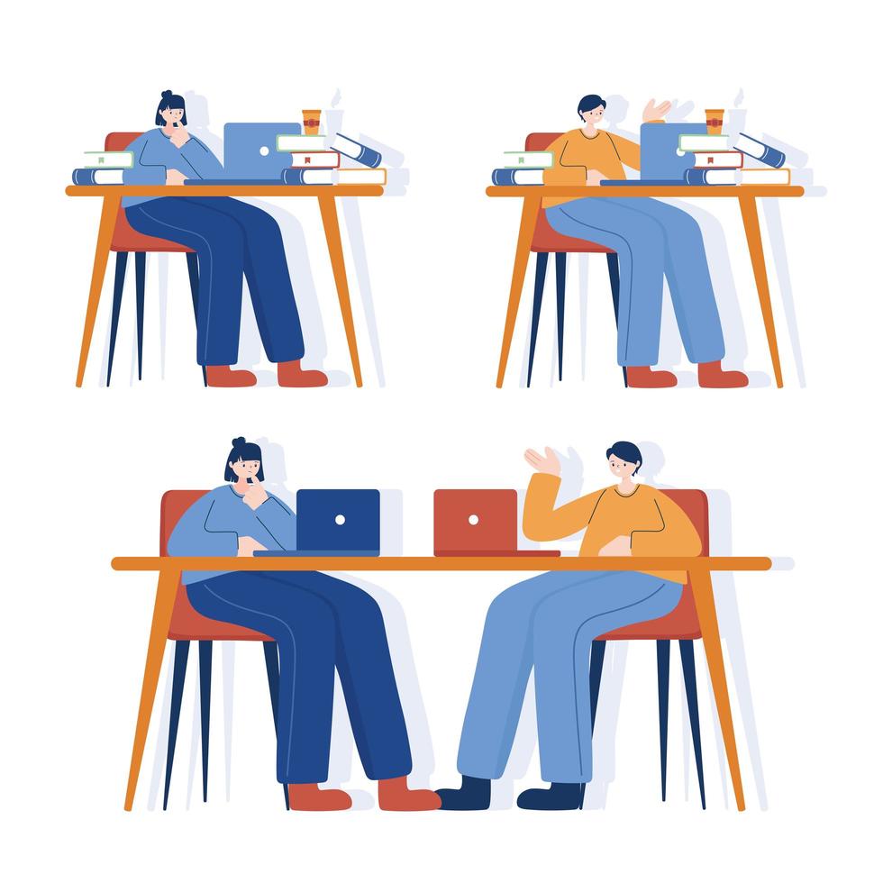 Women and men with laptop on desk vector design