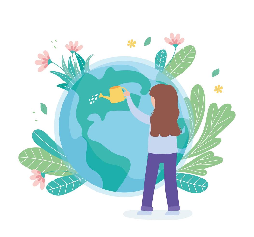 girl with watering can pouring water world, save the planet protection nature and ecology concept vector