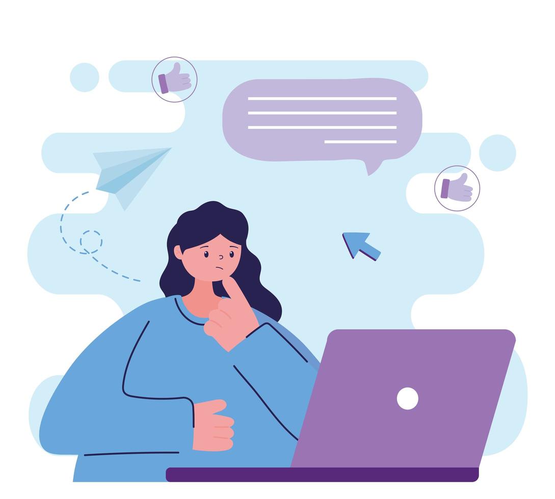 young woman with laptop chatting with laptop design vector