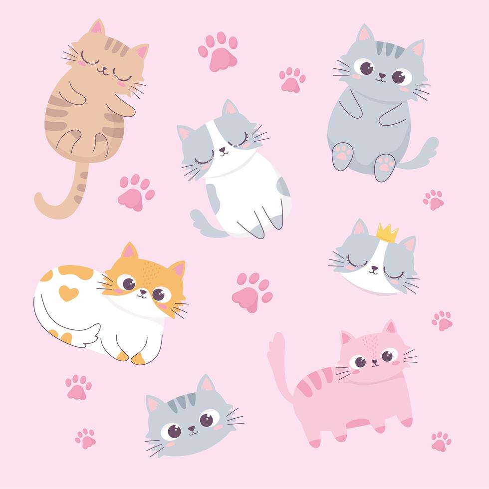 cute cats adorable faces paws cartoon animal funny character background vector