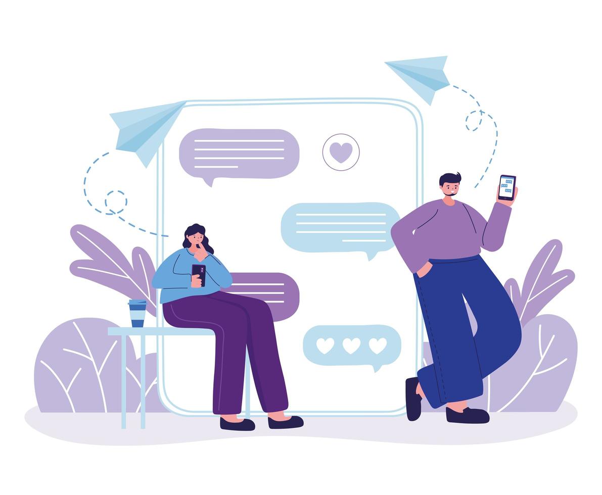 Woman and man with smartphone chatting vector design