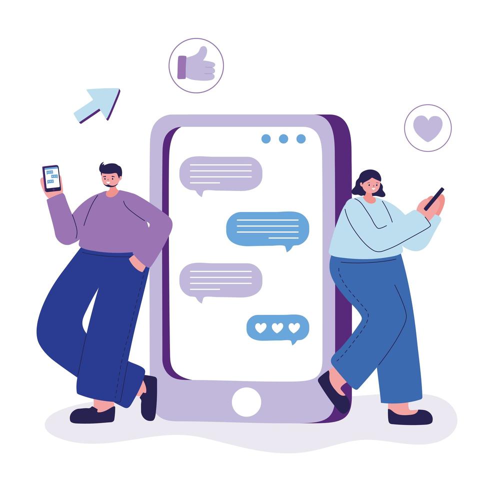 Woman and man with smartphone chatting vector design