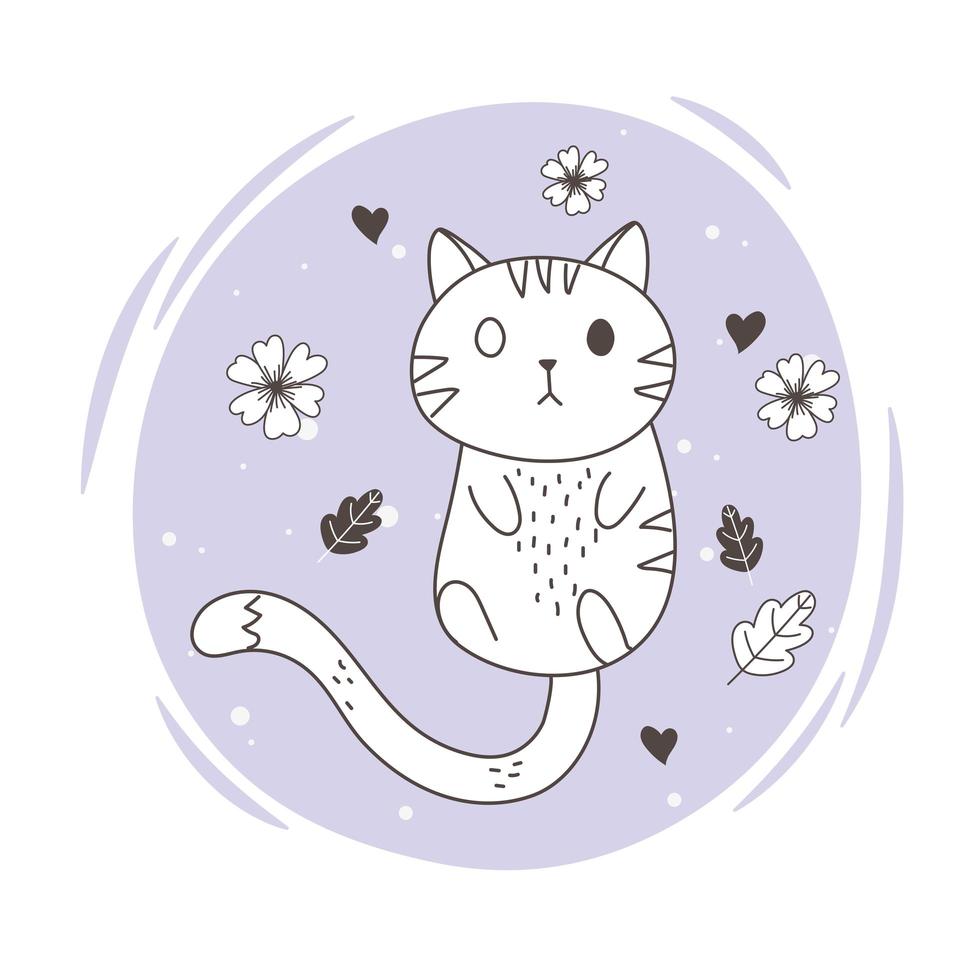 cute animals sketch wildlife cartoon adorable little cat flowers leaves vector