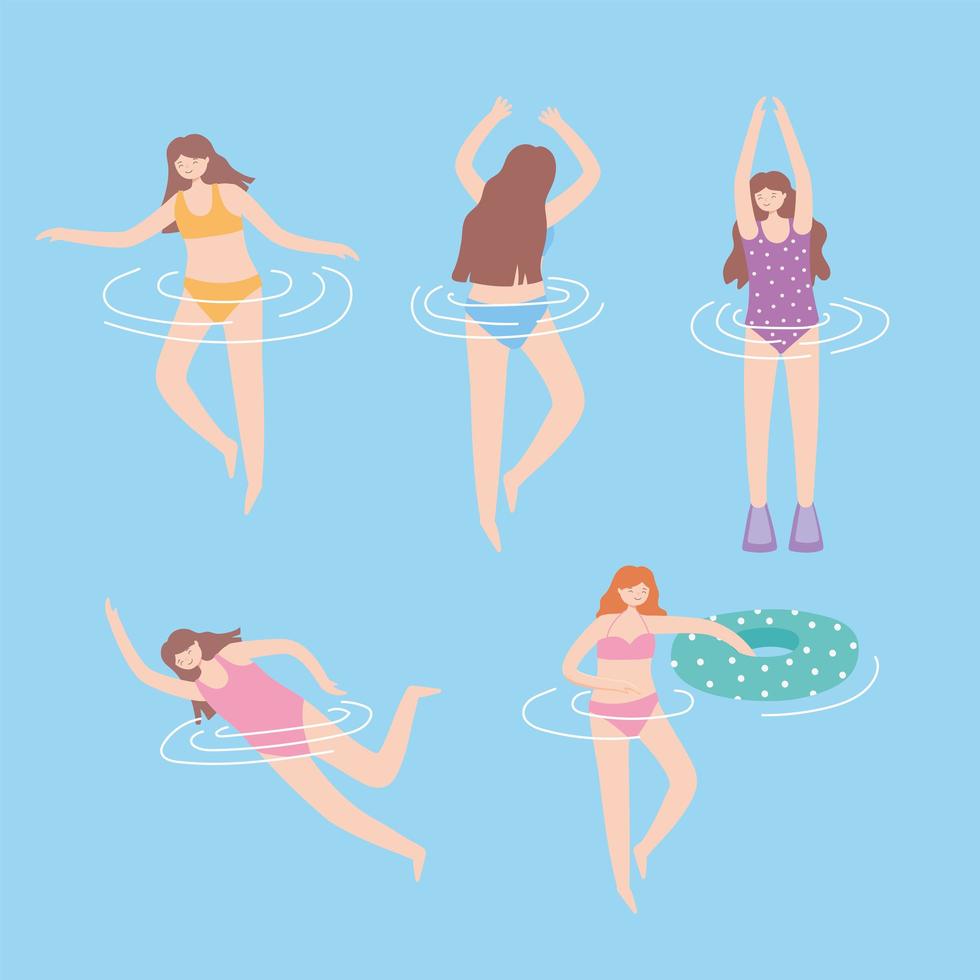 people dressed in swimwear in swimming pool, summer water activities vector