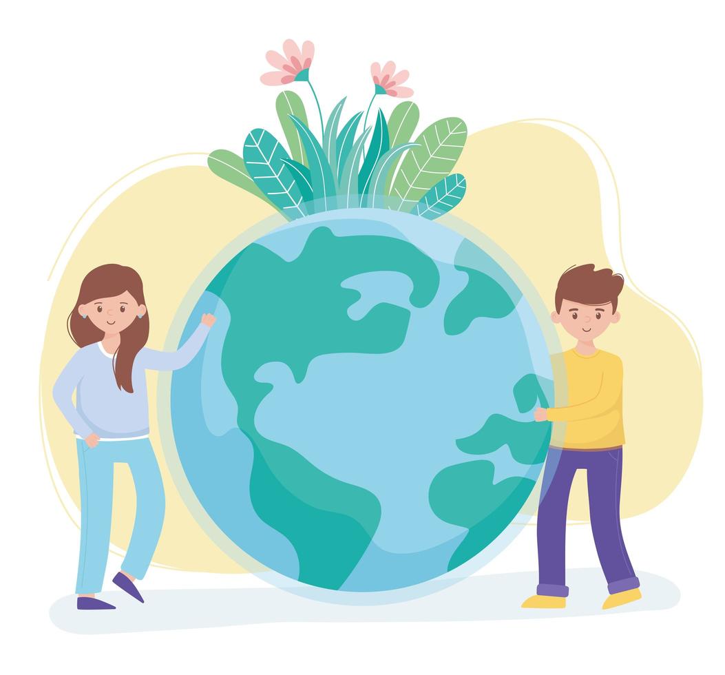 boy and girl with world flowers foliage protect nature and ecology vector