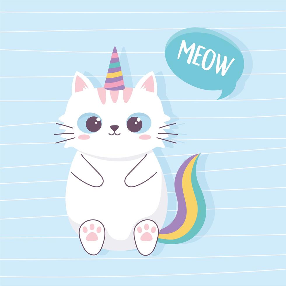 cute cat with unicorn horn and tail cartoon animal funny character vector
