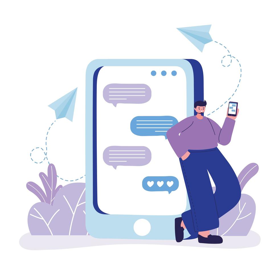 young man character with smartphone communicate chatting vector