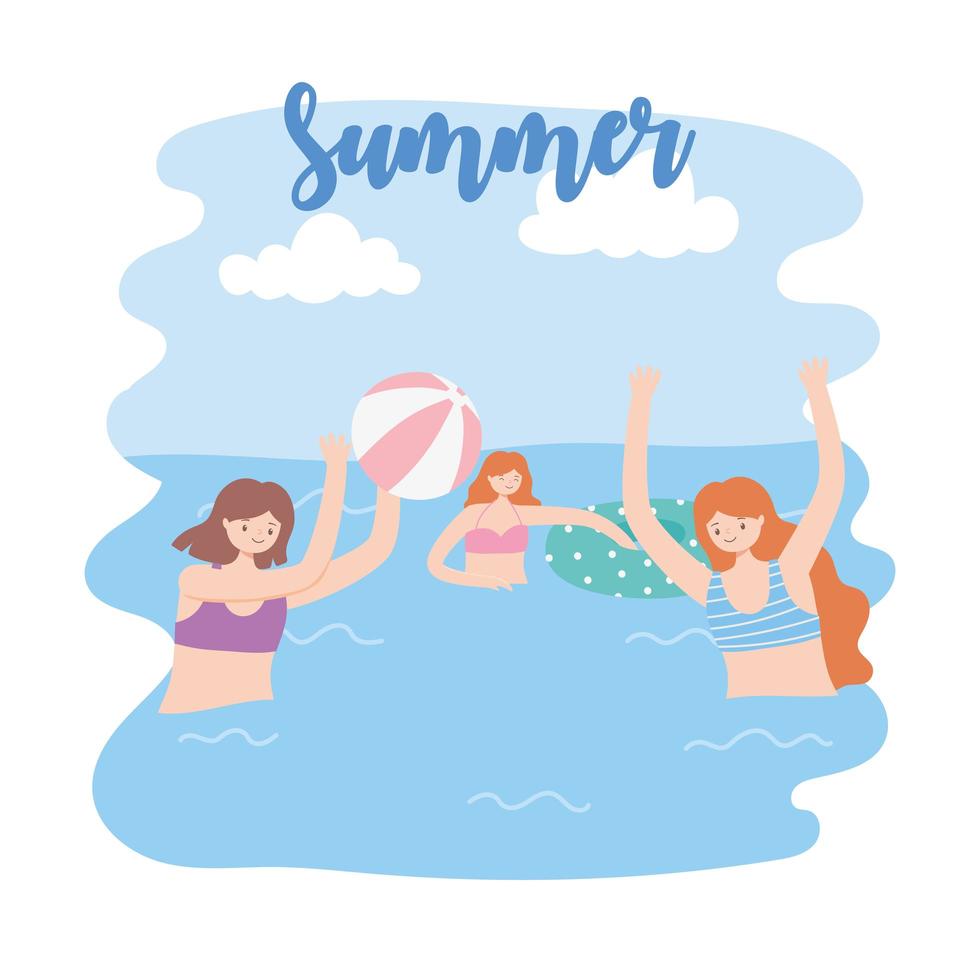 Piscina de verano con chicas e hinchable, jugando a la pelota. vector