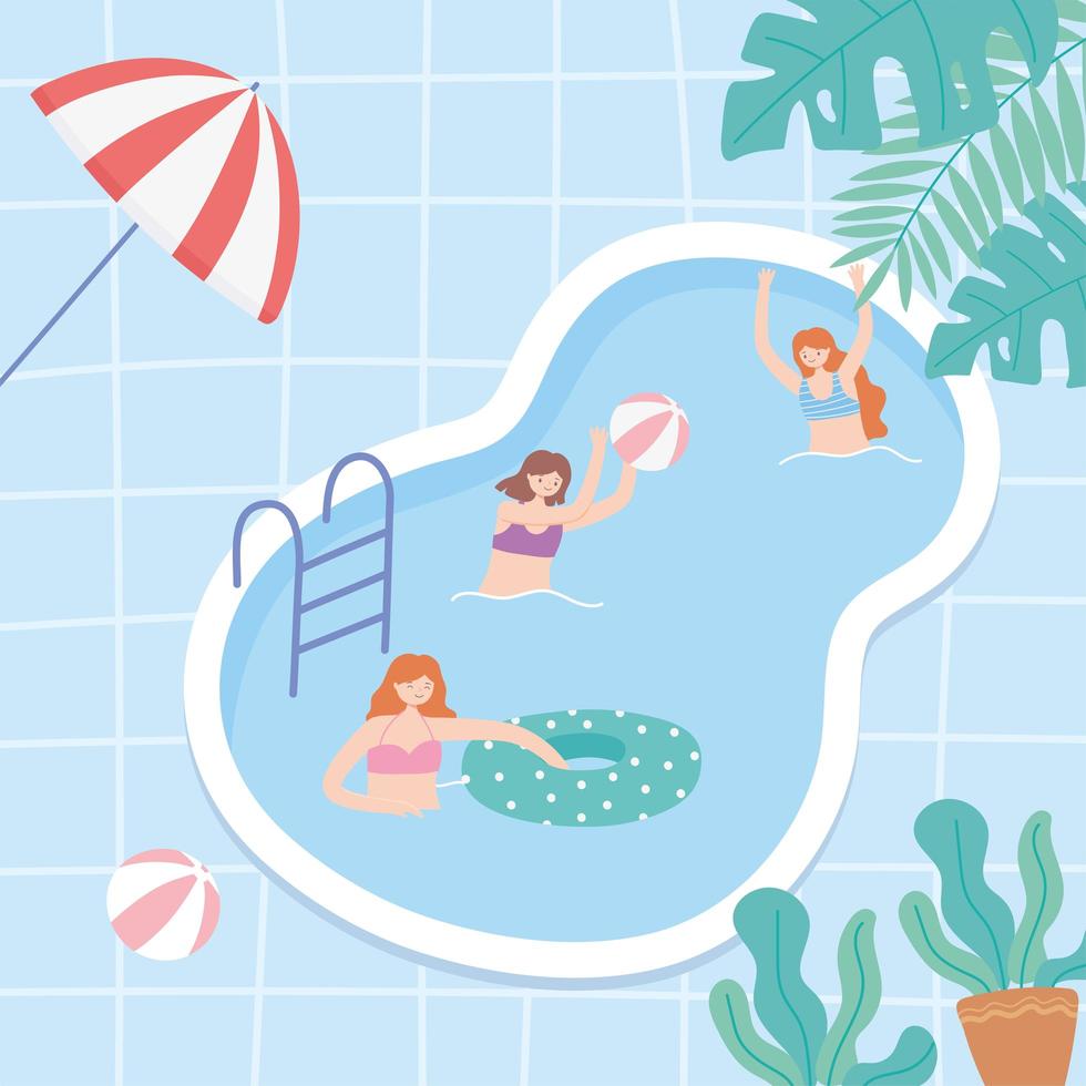 jóvenes de vacaciones en la piscina jugando y nadando vector