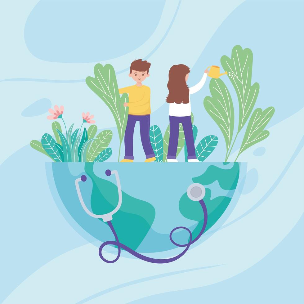 boy and girl with watering can pouring water on the world, medical stethoscope, save the planet protection against covid 19 coronavirus, nature and ecology concept vector