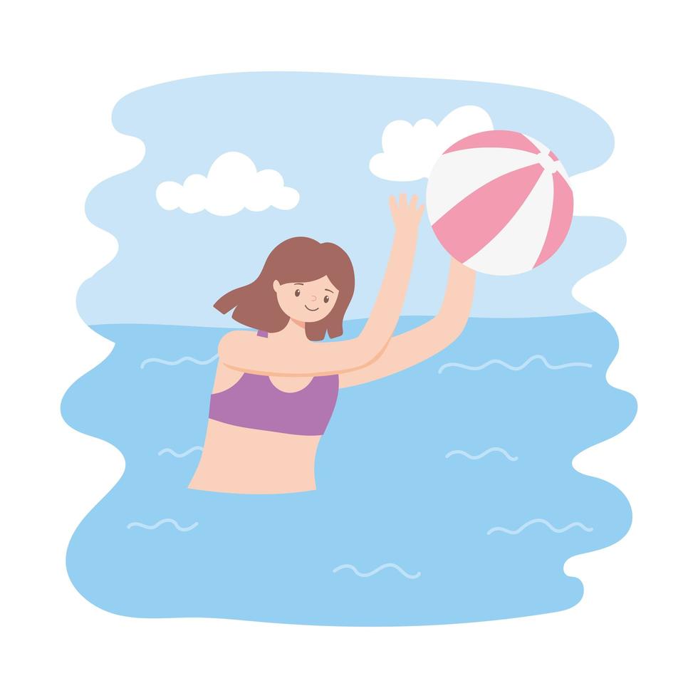 Piscina de verano con chicas e hinchable, jugando a la pelota. vector