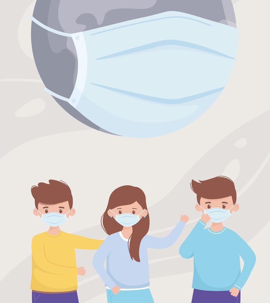 sick world and people with masks, save the planet protection against coronavirus covid 19, protect nature and ecology concept vector