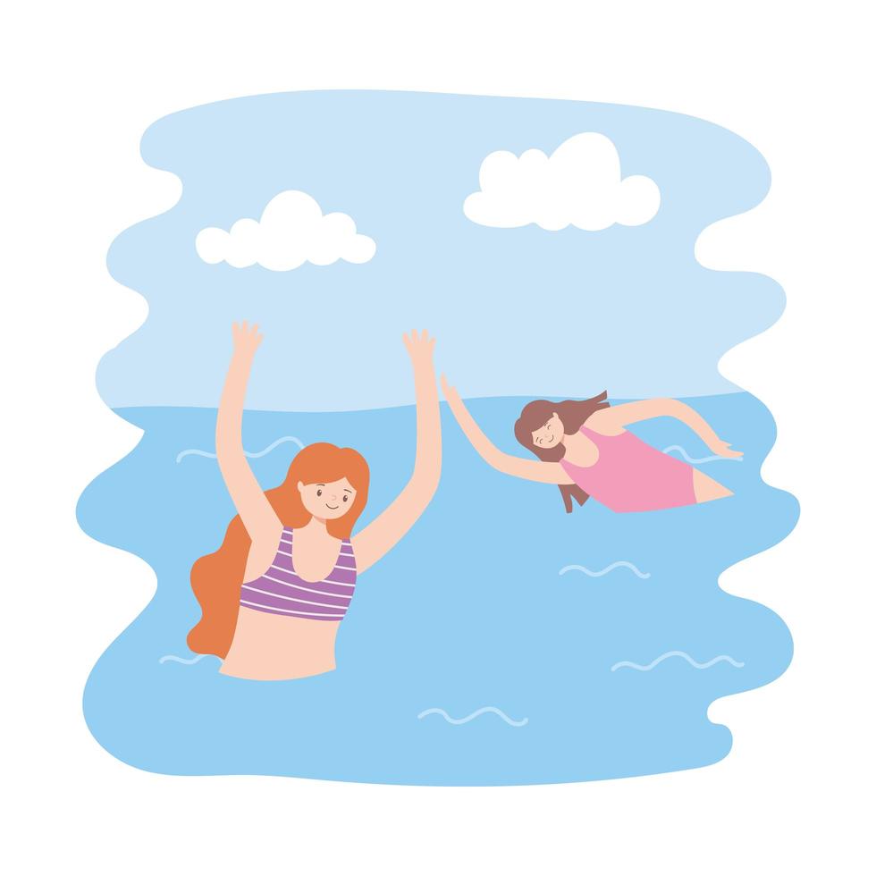 summer pool with girls and inflatable, playing ball vector
