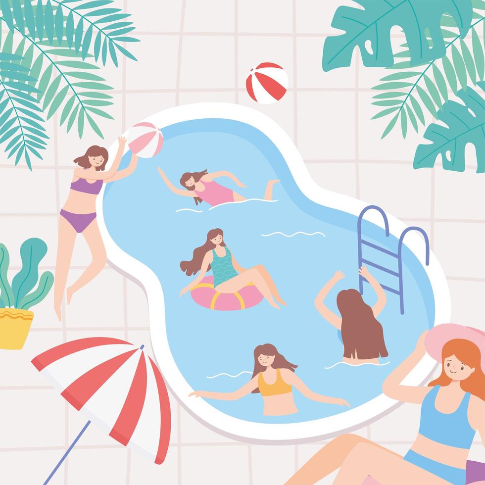 jóvenes de vacaciones en la piscina jugando y nadando vector