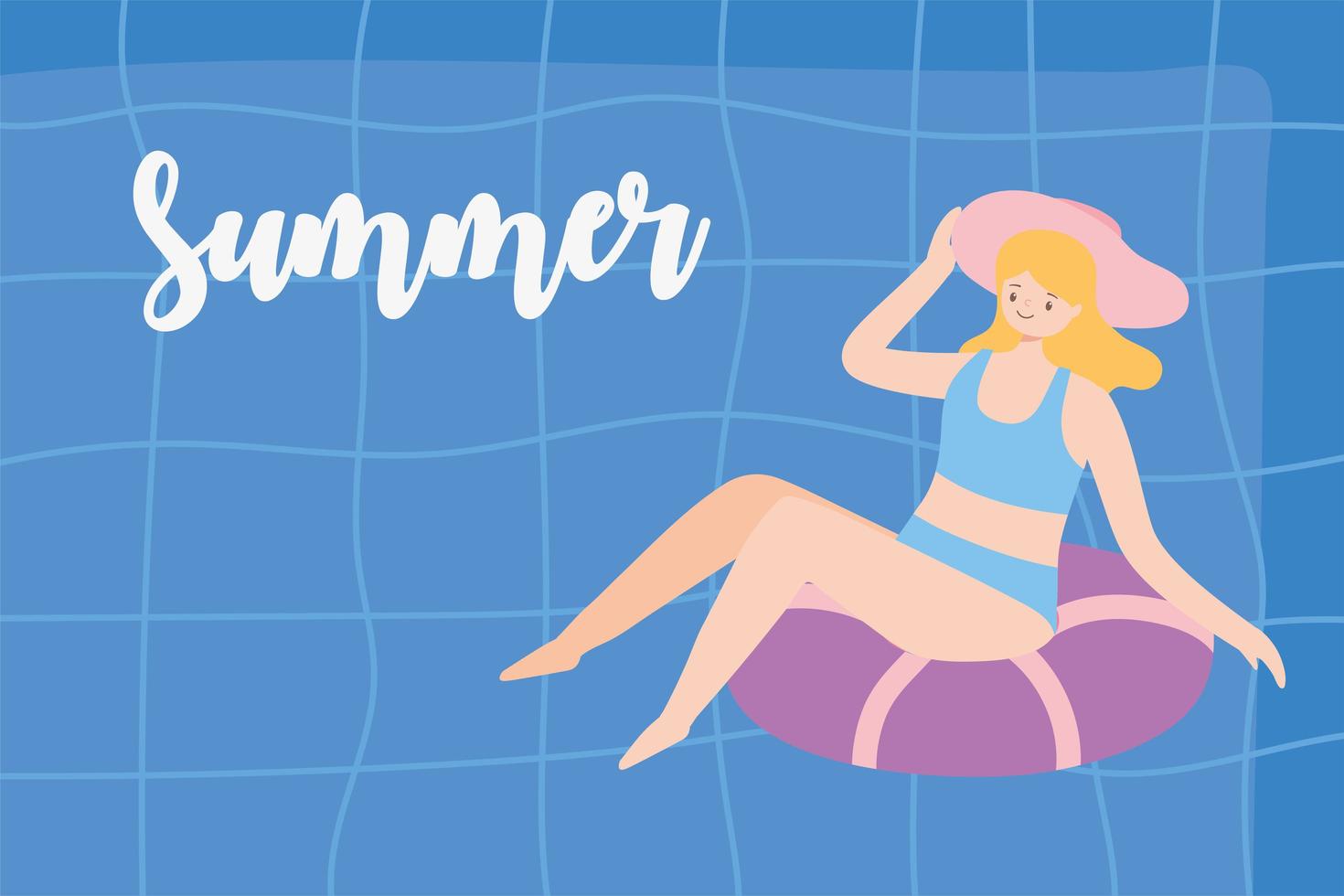 girl sunbath on ring in the swimming pool, summer vacations travel concept vector