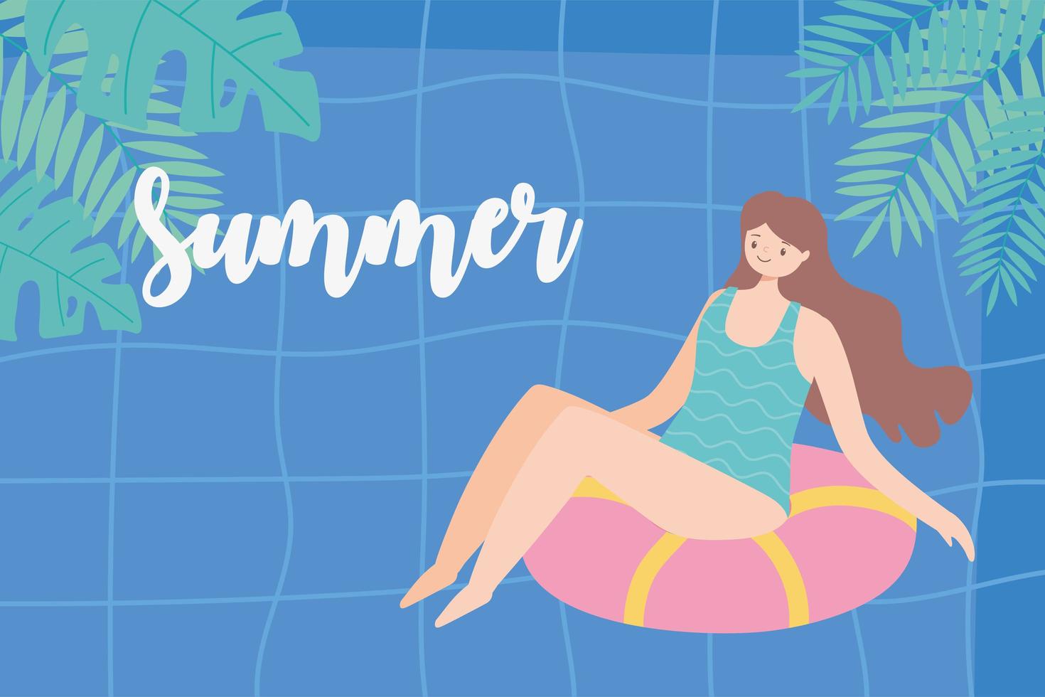 girl sunbath on ring in the swimming pool, summer vacations travel concept vector