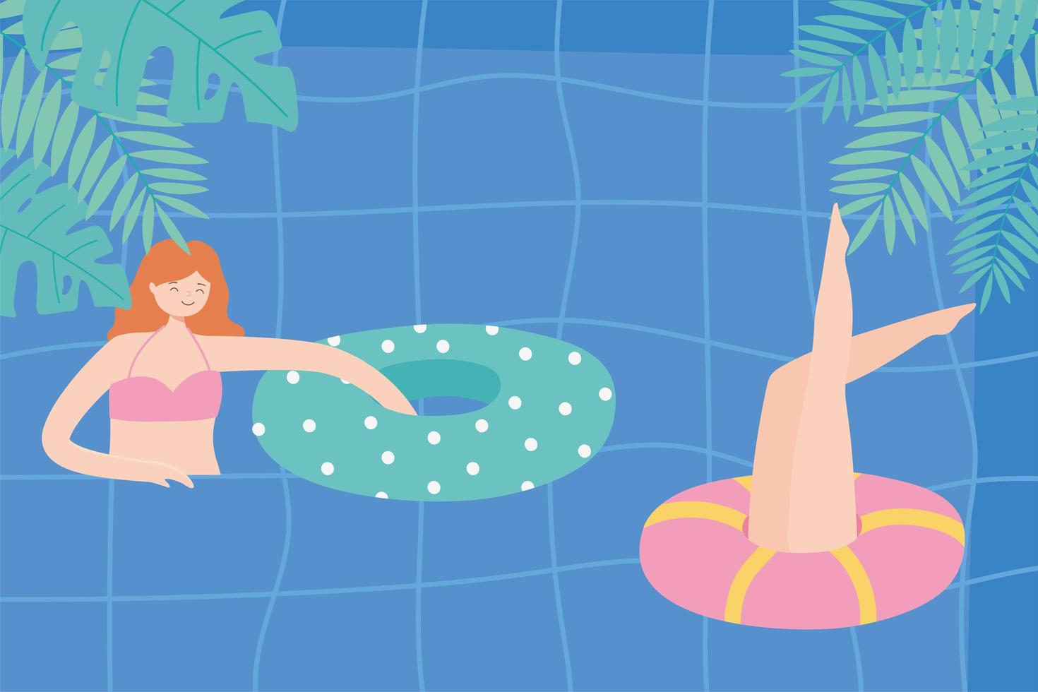 Piscina de verano con chicas y tiempo lúdico inflable. vector