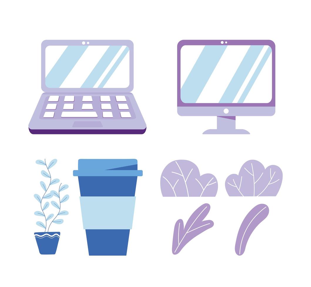 computadora portátil, monitor, dispositivo, tecnología, taza de café, plantas, iconos vector