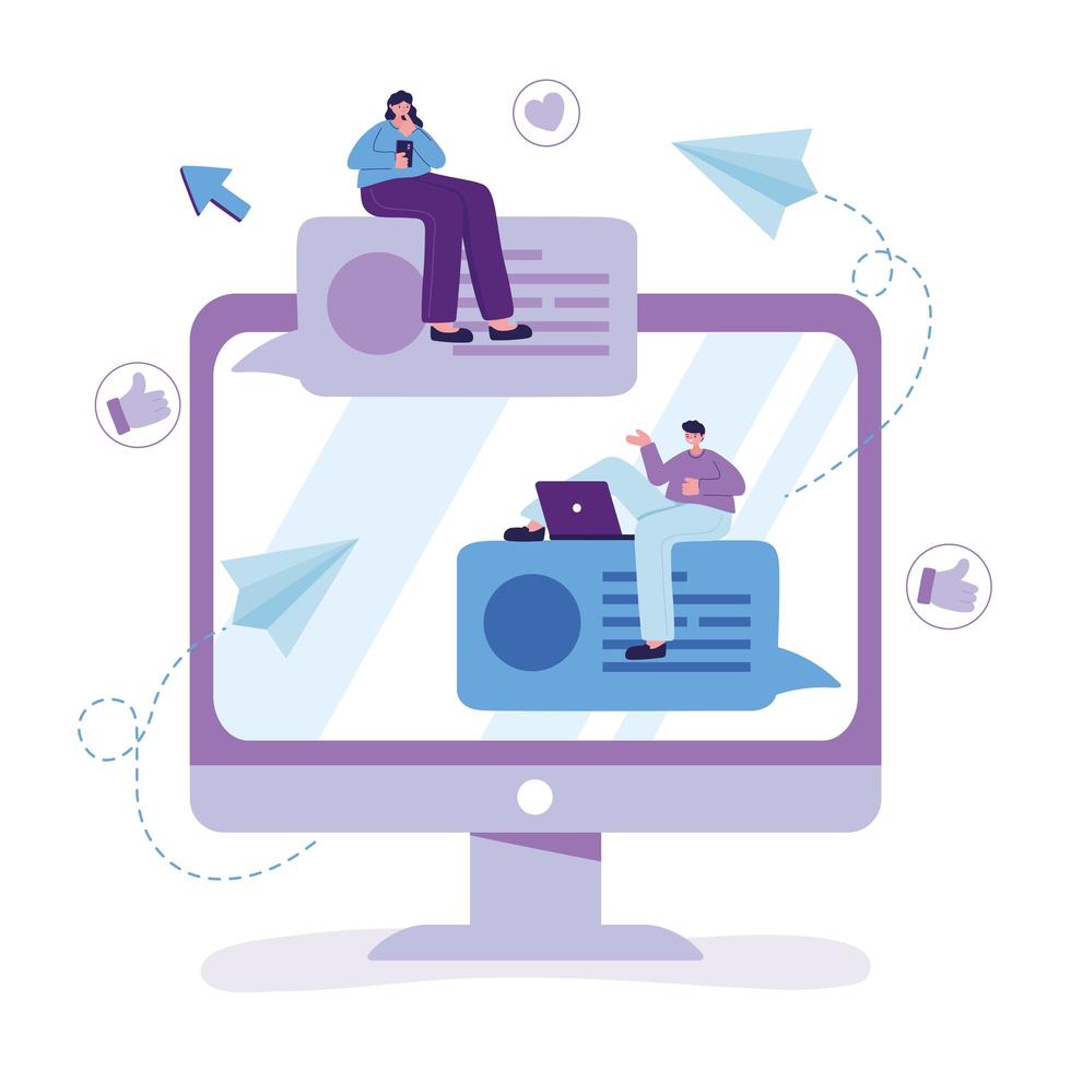 couple with laptop and smartphone chatting speech bubbles vector