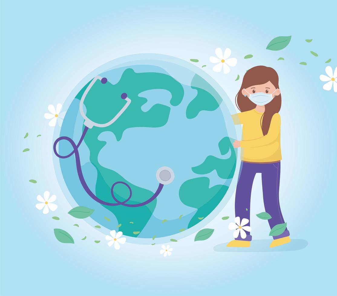 girl with medical mask and healthy world stethoscope, save the planet protection against coronavirus covid 19, protect nature and ecology concept vector