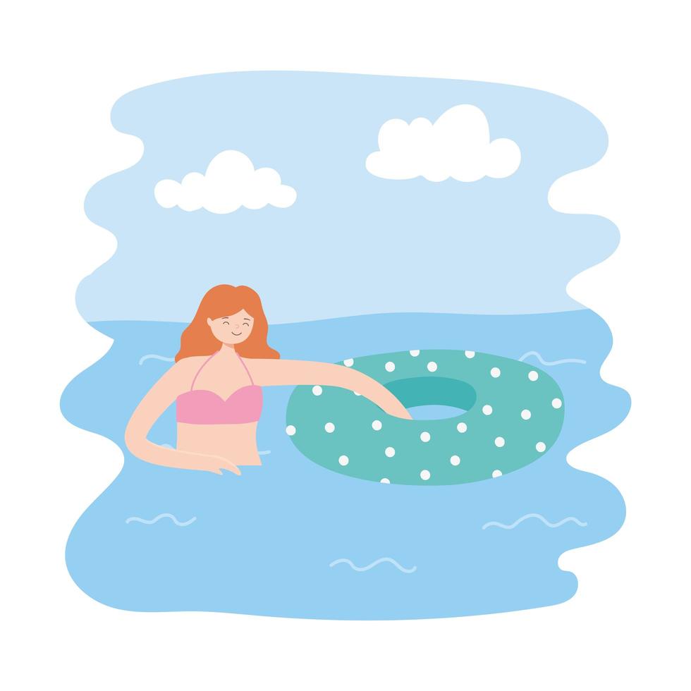 Piscina de verano con mujer con inflable, tiempo lúdico. vector