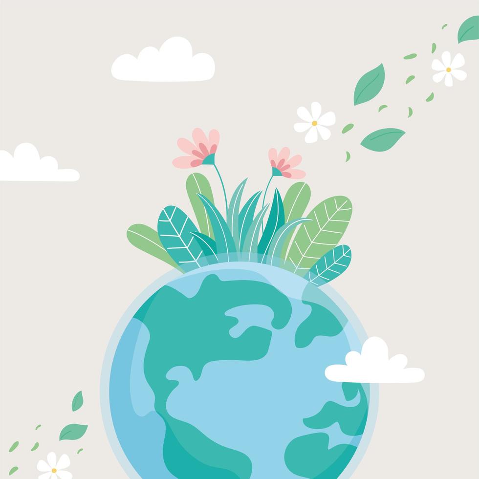 world with flowers leaves clouds ecology save planet protect nature and ecology concept vector