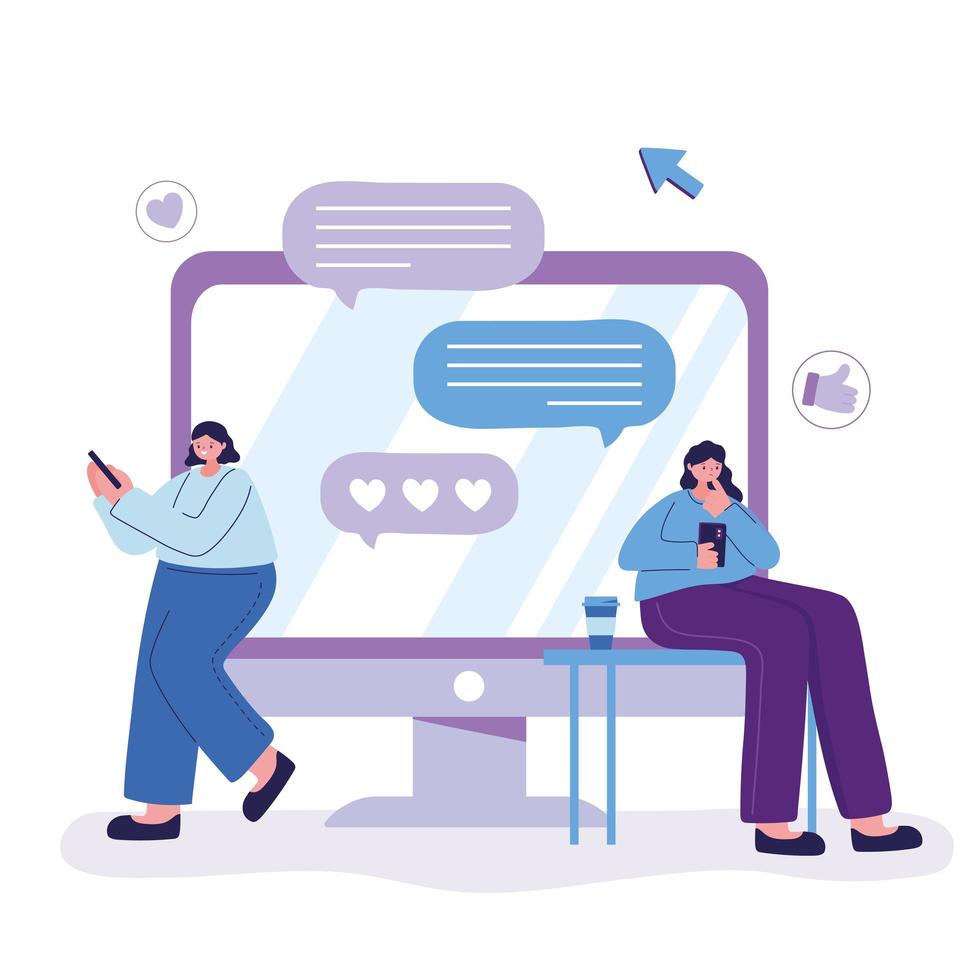 young women with smartphone and coffee cup, speech bubbles chatting vector