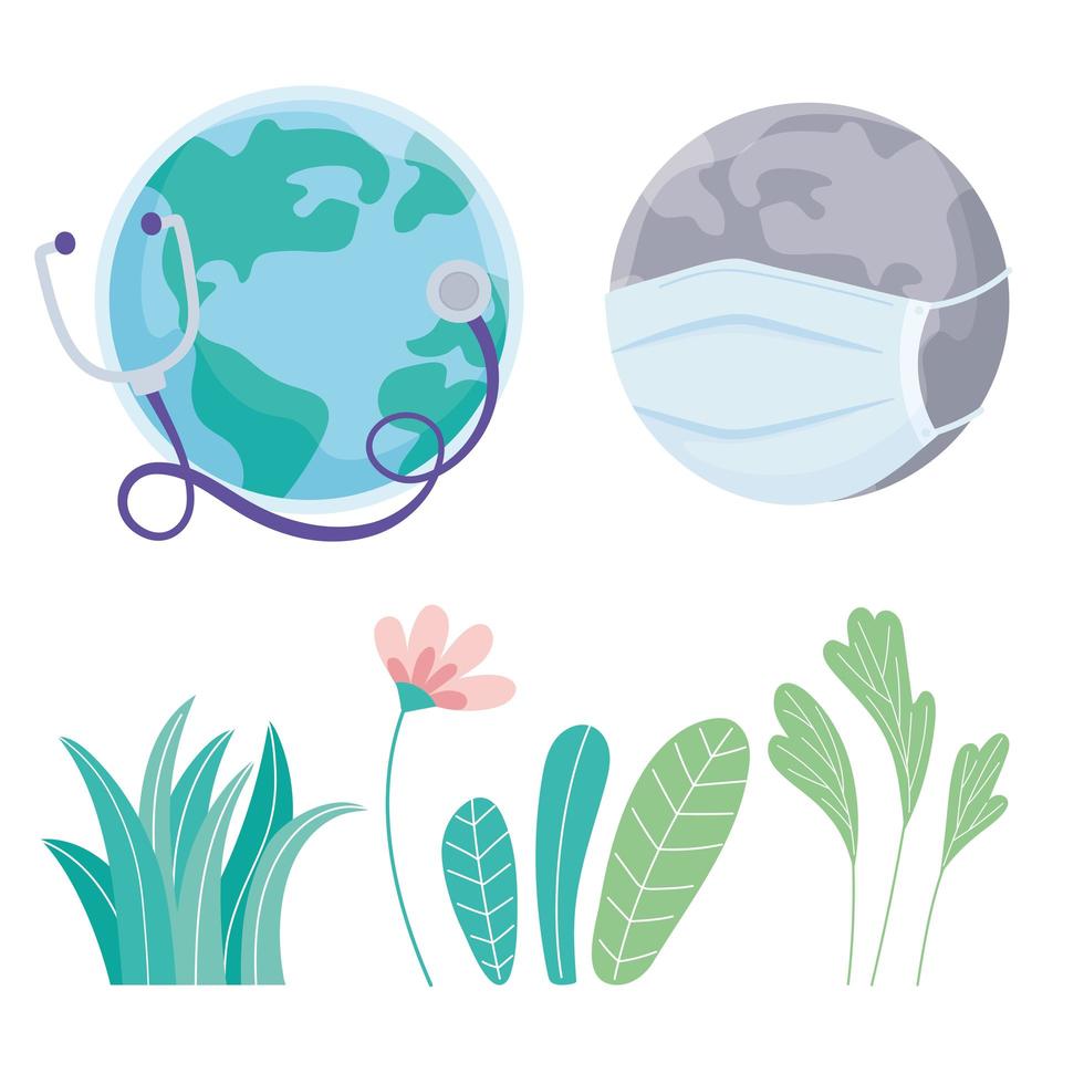 world with flowers and medical mask stethoscope and foliage, save the planet protection against coronavirus covid 19, protect nature and ecology concept vector