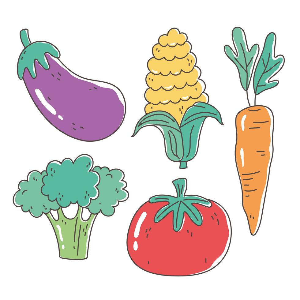 alimentos saludables nutrición dieta orgánica berenjena tomate zanahoria maíz y brócoli verduras iconos vector