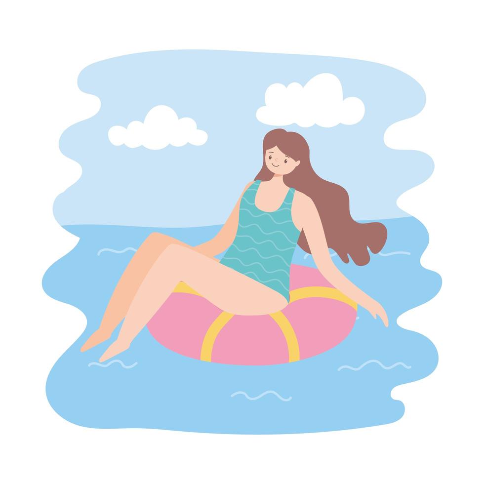 Chica tomando el sol en el anillo en la piscina, concepto de viaje de vacaciones de verano vector