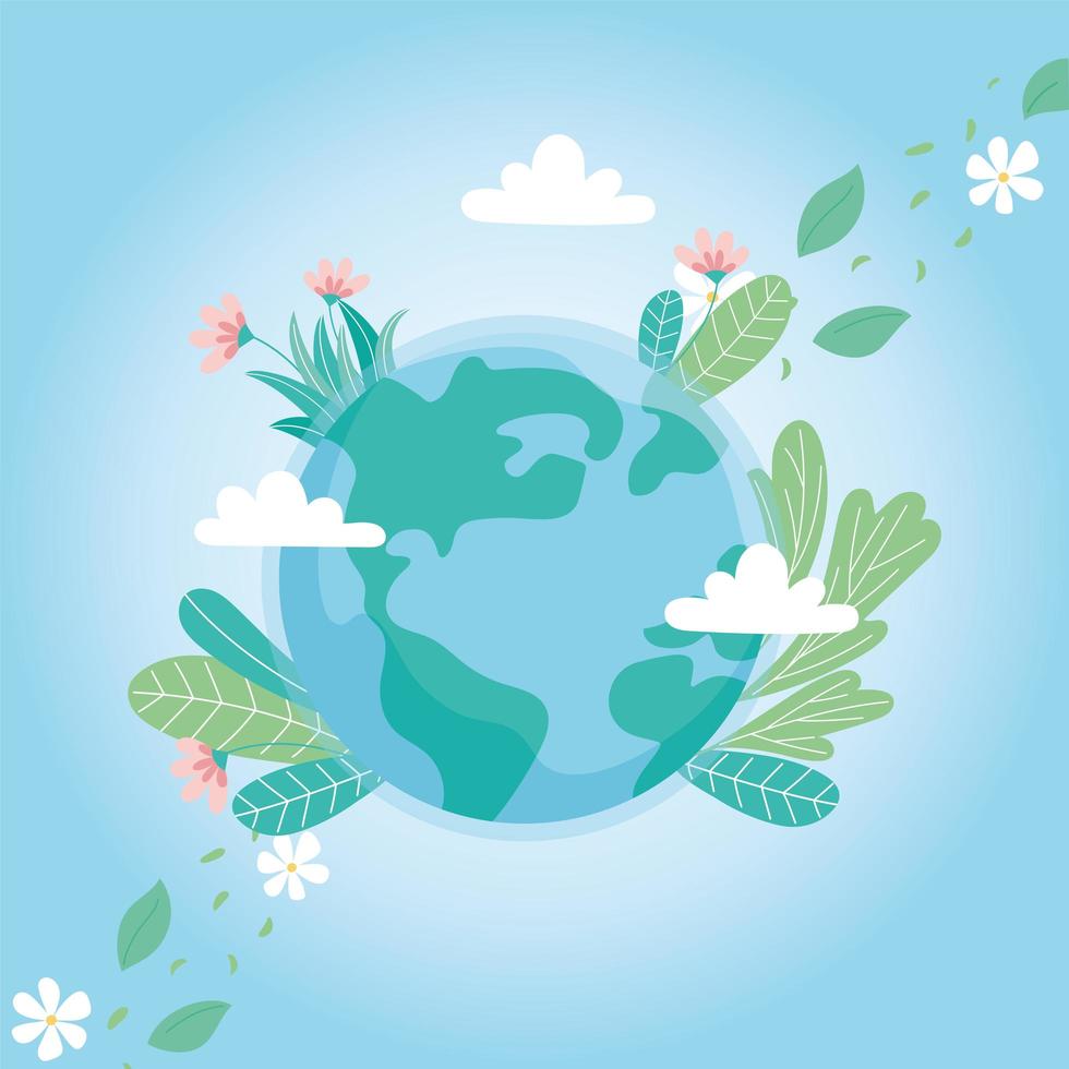 ecology world with flowers leaves clouds save planet protect nature and ecology concept vector