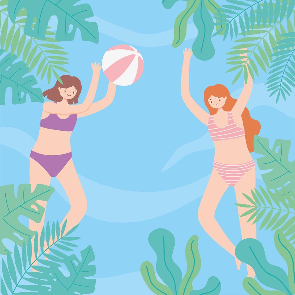 summer pool with girls playing ball, playful time vector