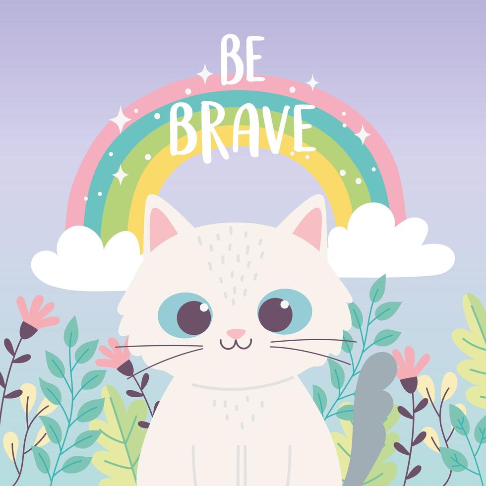 lindo gatito animal arco iris flores rama frase inspiradora dibujos animados vector