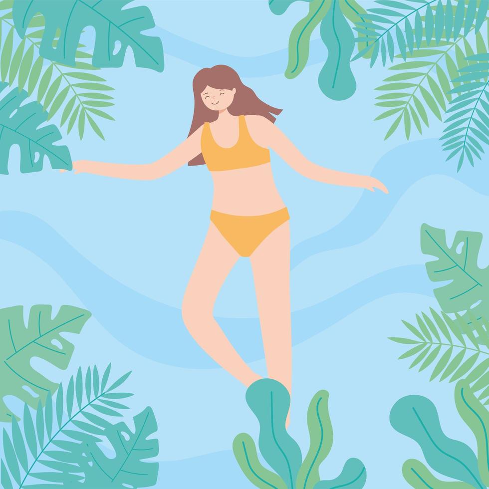 woman in bikini swimming in the pool, foliage leaves frame vector