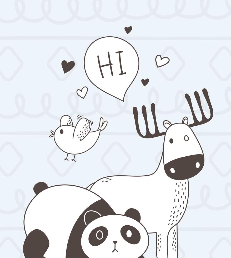 animales lindos bosquejo vida silvestre dibujos animados ciervos adorables panda pájaro y hola burbuja vector