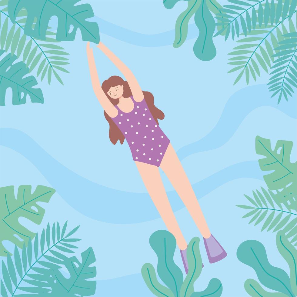 woman in bikini swimming in the pool, foliage leaves frame vector