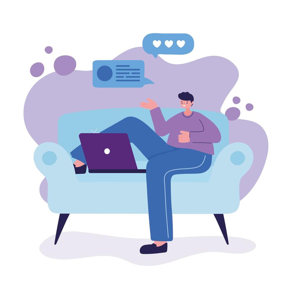 Man with laptop on chair chatting vector design