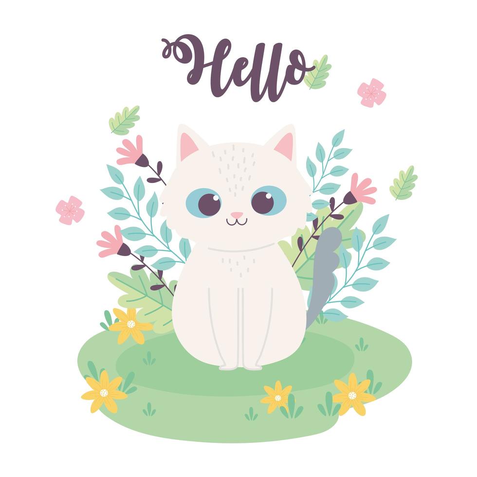 cute little cat flowers sitting in the meadow cartoon vector