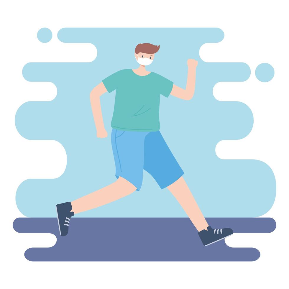 people with medical face mask, man practicing exercise, city activity during coronavirus vector