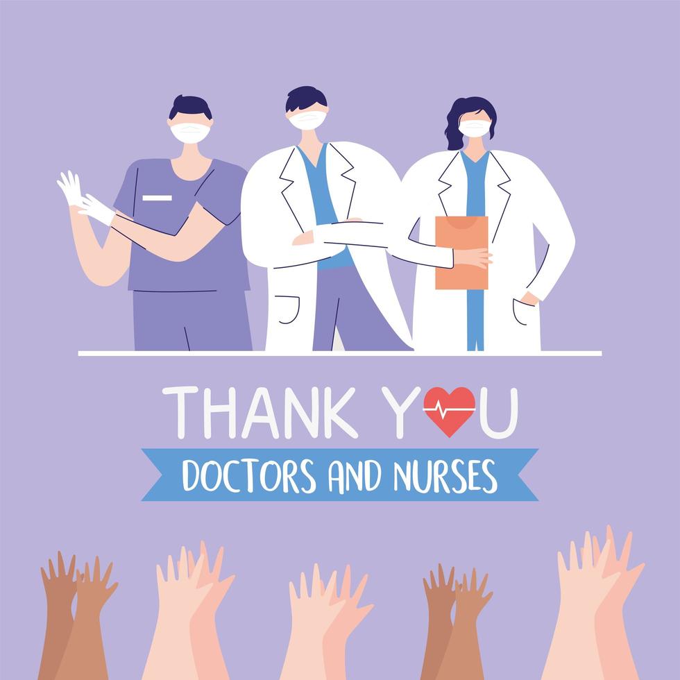 thank you doctors and nurses, physicians team professional and raised hands claps vector