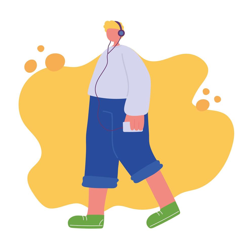 young man using mobile and headphones walking vector