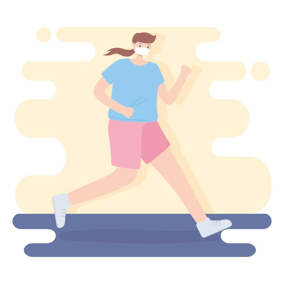 people with medical face mask, young woman practicing running, city activity during coronavirus vector